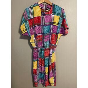 Vintage Etoile Collection Dress Womens 7/8 Multicolor Abstract Plaid USA 80s